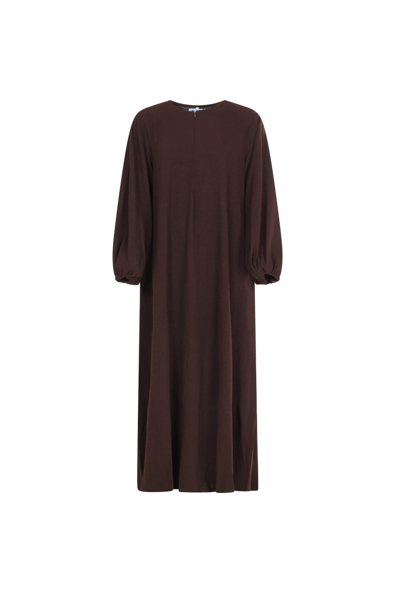 Kjole-dame-brun-front-Abaya-Qamar